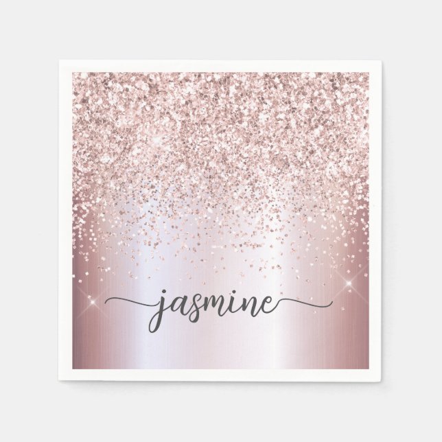 Elegant roséguld glittermonogram namn skrift pappersservett (Framsidan)