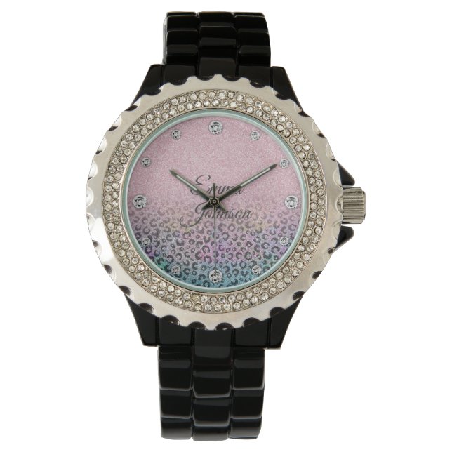 Elegant roséguld iridiserande glitter leopardtryck armbandsur (Framsida)