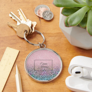 Elegant roséguld iridiserande glitter leopardtryck rund silverfärgad nyckelring
