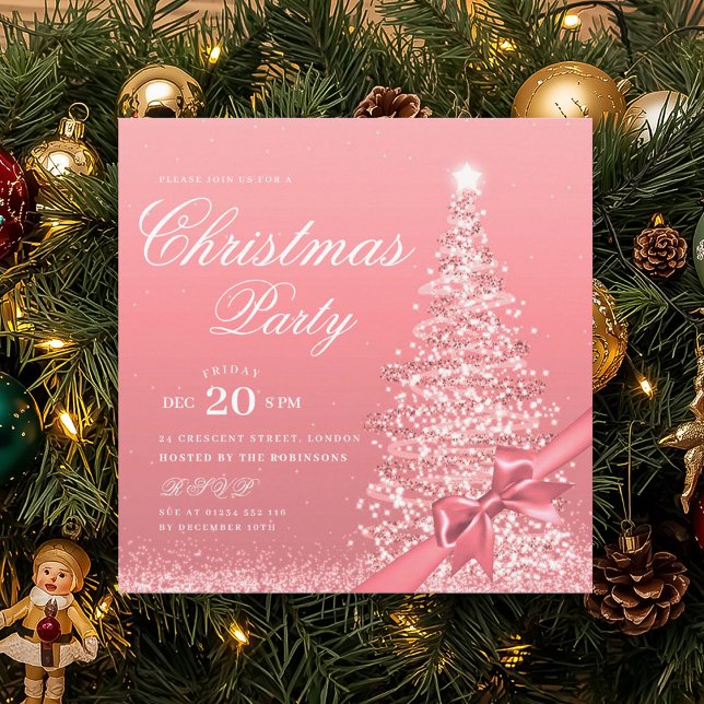 Elegant roséguld julgran med båge  inbjudningar (Elegant Rose Gold Winter Christmas Tree Bow Invitation)