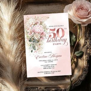 Elegant roséguld kindblush blomsterlig 50-årsfest inbjudningar