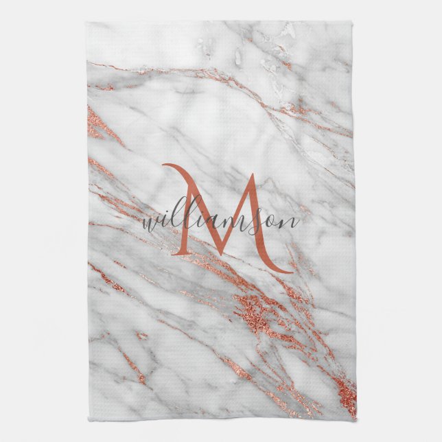 Elegant Roséguld Koppar Vit Marmor Monogram Kökshandduk (Vertikal)