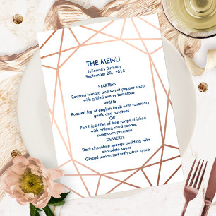 Elegant roséguld & marinblå geometrisk meny inbjudningar