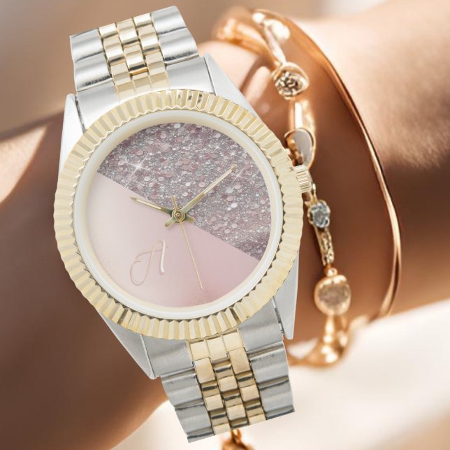 Elegant roséguld monogram armbandsur (Elegant rose gold monogram watch with glitter detail, personalized with your first initial.)