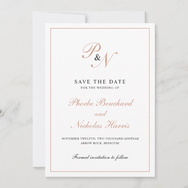 Elegant roséguld monogram formell bröllop spara datumet (Framsida)