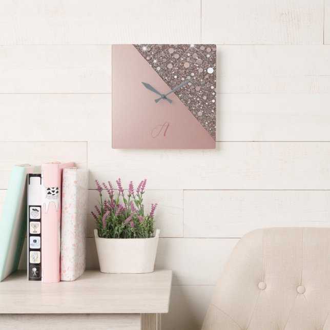 Elegant roséguld monogram fyrkantig klocka (Läsesal)