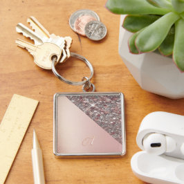 Elegant roséguld monogramknapp fyrkantig silverfärgad nyckelring