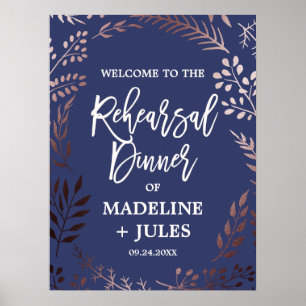Elegant roséguld och marinblå repetitionsmiddags-v poster