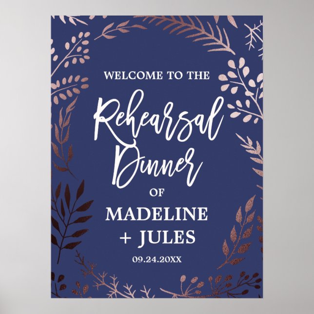 Elegant roséguld och marinblå repetitionsmiddags-v poster (Framsidan)