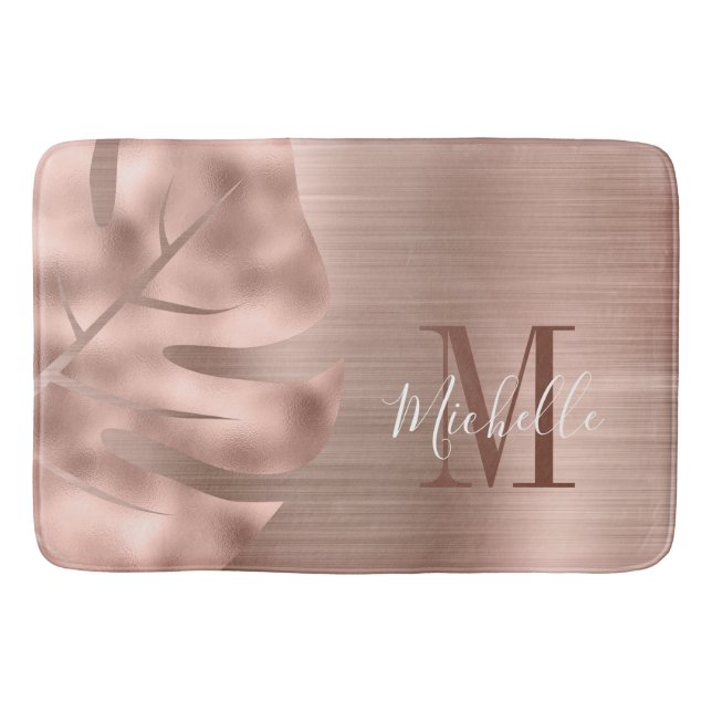 Elegant roséguld palmbladmonogram badrumsmatta (Framsidan)