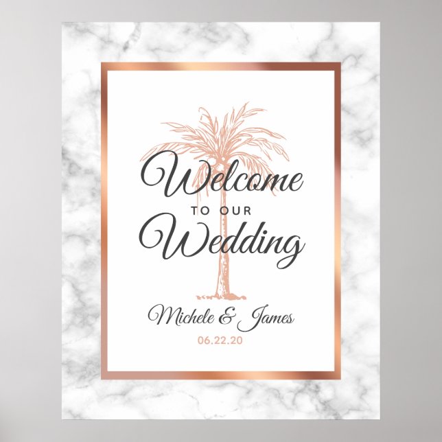 Elegant roséguld palmträd marmor bröllop välkommen poster (Framsidan)