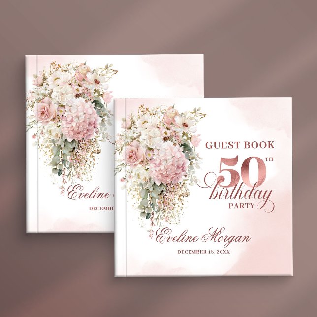 Elegant roséguld-rodnad blom- 50-årsfest gästböcker (Elegant Rose Gold Blush Floral 50th Birthday Party Guest Book

)