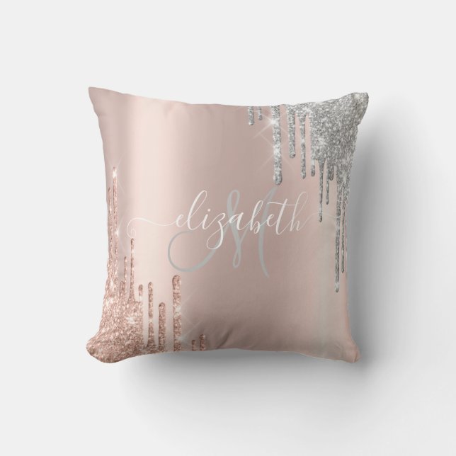 Elegant Roséguld, Silver Glitter Drips Monogram Kudde (Framsida)