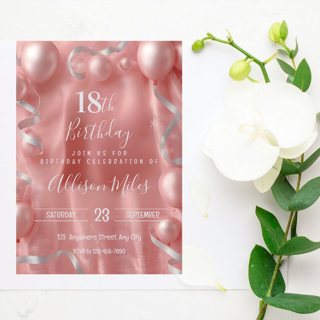 Elegant roséguld & silverballong 18-årsfirande inbjudningar (Skapare uppladdad)