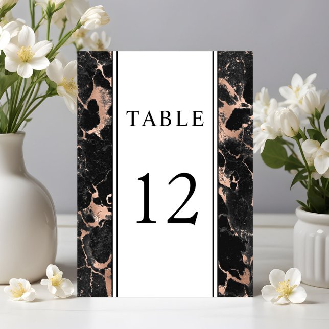 Elegant roséguld svart marmor bröllop  bordsnummer (Elegant Rose Gold Black Marble Wedding Table Number)