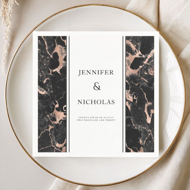 Elegant roséguld & svart marmorbröllop pappersservett (Elegant Rose Gold & Black Marble Wedding Napkins)