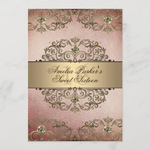 Elegant roséguld vintage-damask Sweet Sixteen Inbjudningar
