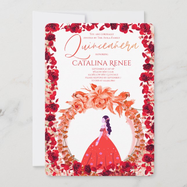 Elegant rosenskära blomster-quinceañera inbjudningar (Framsida)