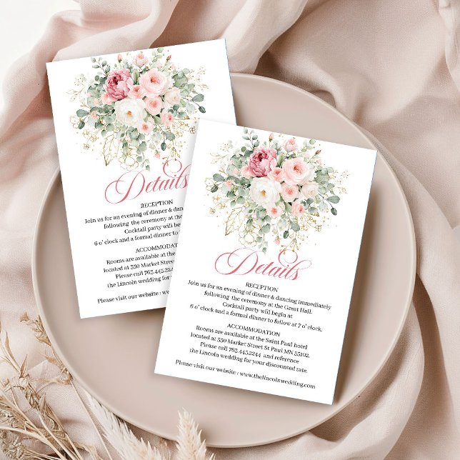 Elegant rosenskog i guld minimalistisk bröllop tilläggskort (Elegant blush rose greenery gold minimalist wedding details card

)