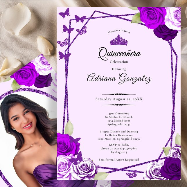 Elegant Roses and Crown Purple Quinceanera  Inbjudningar (Skapare uppladdad)