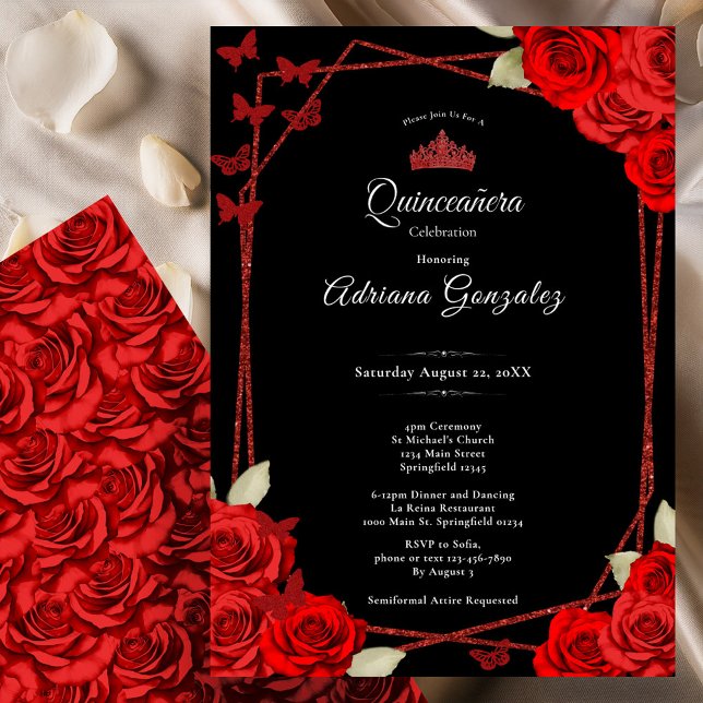 Elegant Roses and Crown Red Quinceanera  Inbjudningar (Skapare uppladdad)