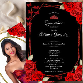 Elegant Roses and Crown Red Quinceanera  Inbjudningar