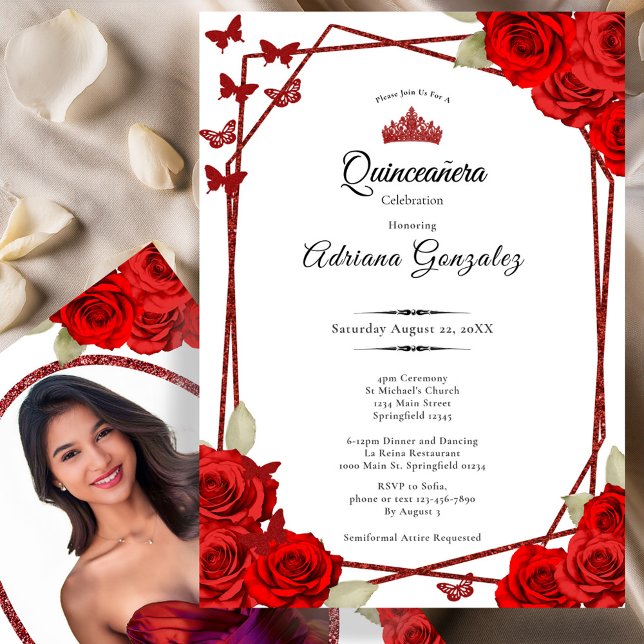 Elegant Roses and Crown Red Quinceanera  Inbjudningar (Skapare uppladdad)