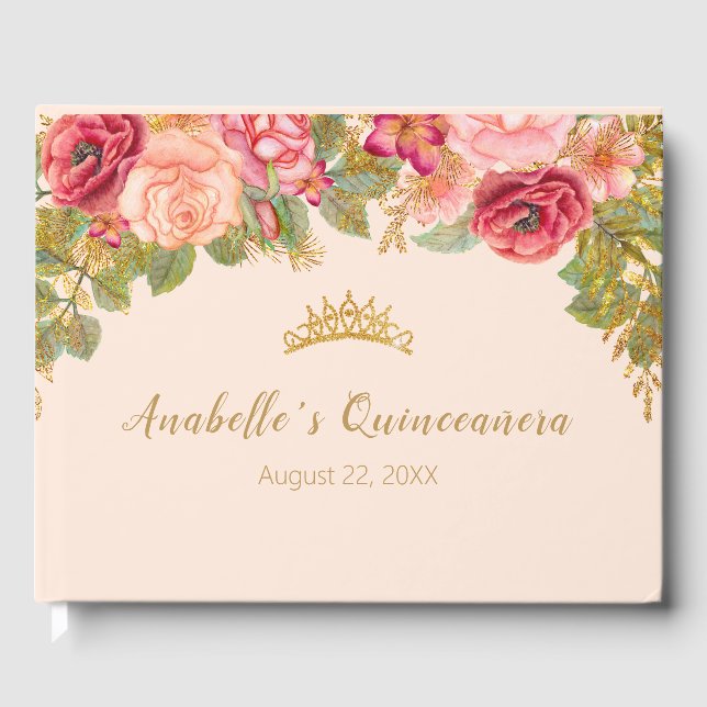 Elegant Rosor och Guld Krona Gästböcker (Framsida)