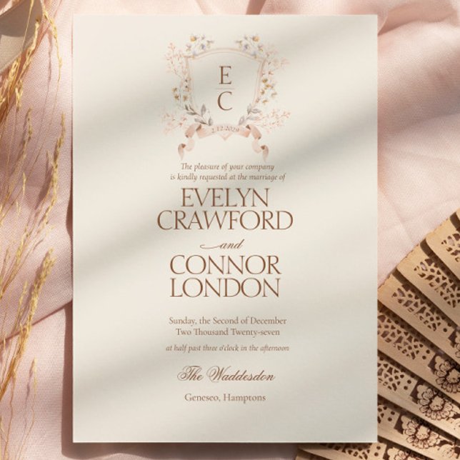 Elegant rosrodnad blomsterkröningsbröllop inbjudningar (Elegant Rose Blush Floral Crest Wedding Invitation)