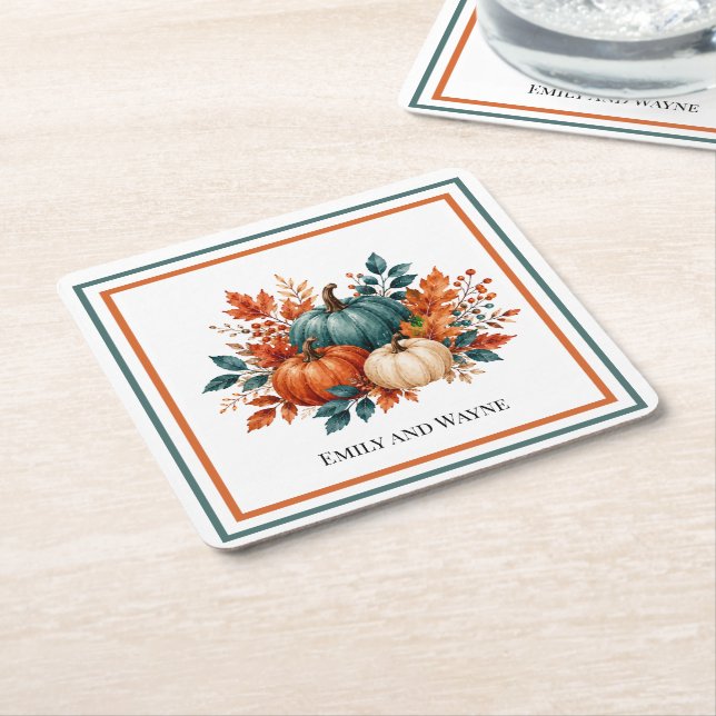 Elegant Rost och Turkos Pumpa Bröllop Underlägg Papper Kvadrat (Vinklad)