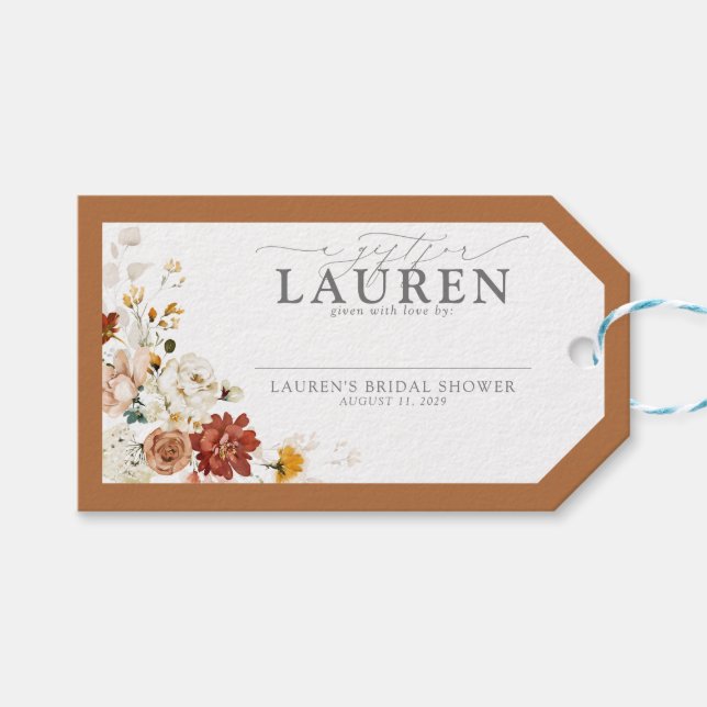 Elegant Rost Orange Blommig Bröllopsdusch Utan Oms Presentetikett (Framsidan (Horisontell))