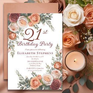 Elegant Rost Terrakotta Ros Blommig 21-årsdag Inbjudningar