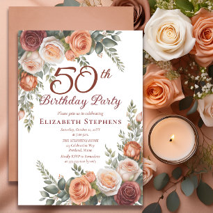 Elegant Rost Terrakotta Ros Blommig 50-årsdag Inbjudningar