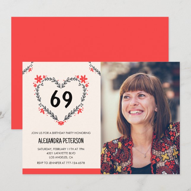 Elegant rött blomhjärta för hennes 69-årsdag inbjudningar (Fram/baksida)