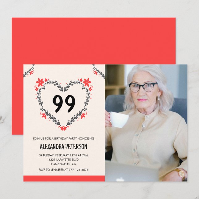 Elegant rött blomhjärta för hennes 99-årsdag inbjudningar (Fram/baksida)