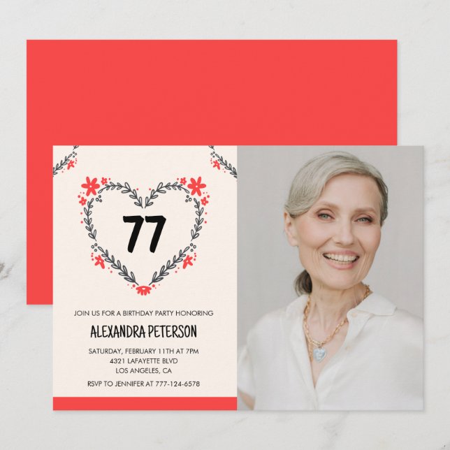 Elegant rött blomhjärta till hennes 77-årsdag inbjudningar (Fram/baksida)