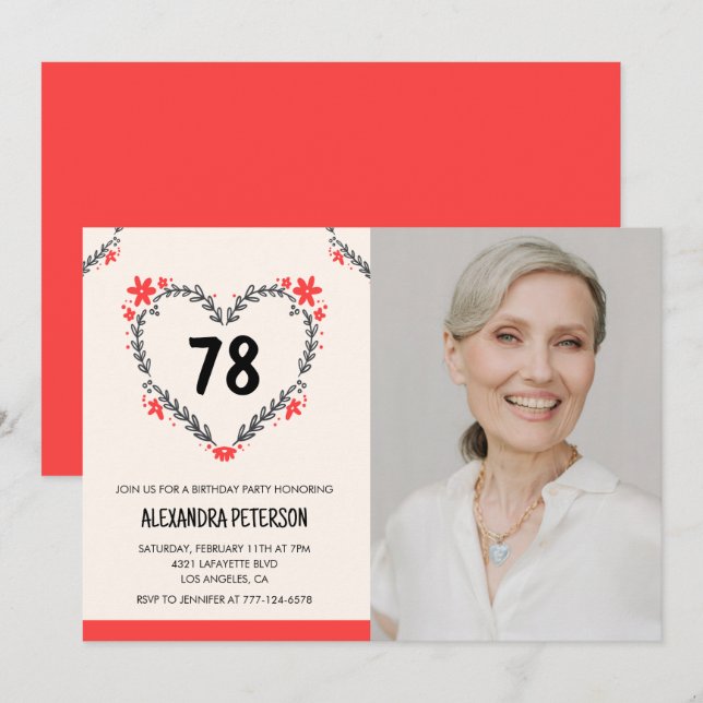 Elegant rött blomhjärta till hennes 78-årsdag inbjudningar (Fram/baksida)