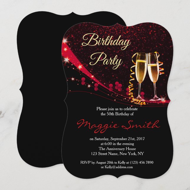 Elegant rött champagne födelsedag inbjudan (Fram/baksida)