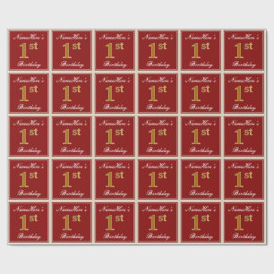 Elegant, rött, faux Guld 1:a födelsedag + eget nam Presentpapper