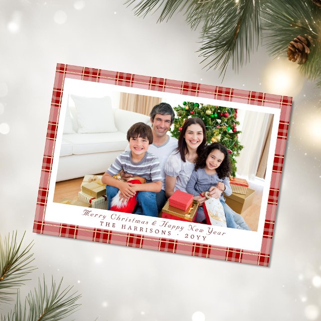 Elegant Rött julfotkort Julkort (Elegant Red Plaid Holiday Photo Card)