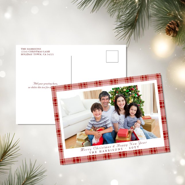 Elegant Rött julfotopapport Helg Vykort (Elegant Red Plaid Christmas Photo Postcard)