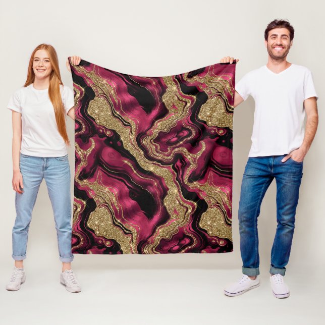 Elegant rött och guld glitter agat mönster fleecefilt (På plats)