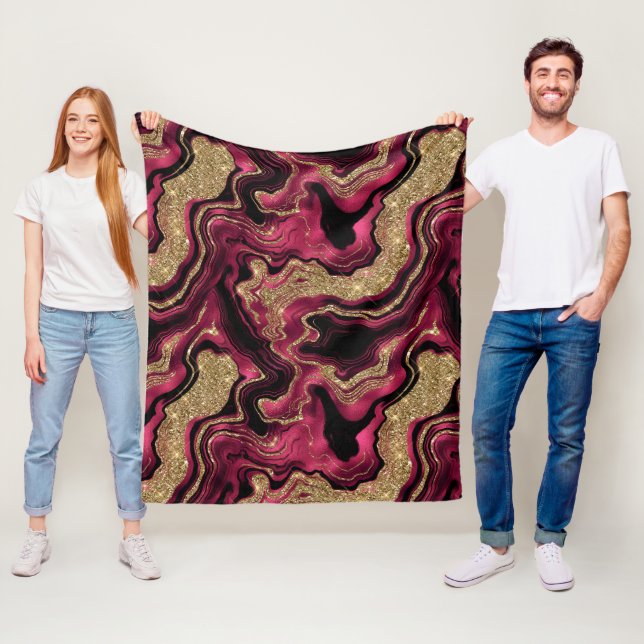 Elegant rött och guld glitter agat mönster fleecefilt (På plats)