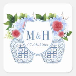 Elegant Rött vitt blått Bröllop Monogram Fyrkantigt Klistermärke