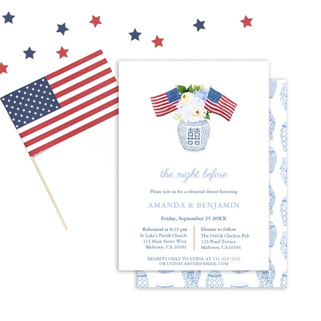 Elegant Rött vitt blått Bröllop-repetitionsmiddag Inbjudningar (Elegant All-American Ginger Jar Florals Rehearsal Dinner Invitation)
