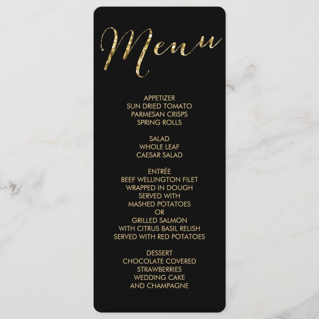 Elegant Round Black and Gold Foil Bröllop Menu Meny (Framsida)