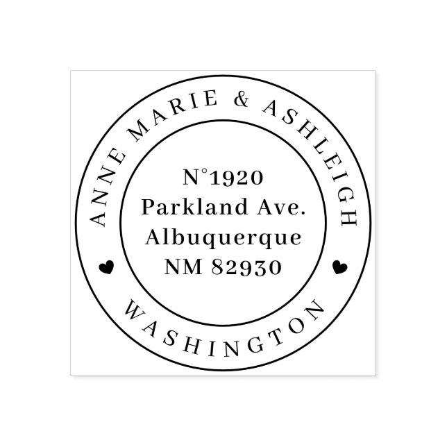 Elegant Round Heart Bröllop Namn Returadress Stämpel (Tryck)
