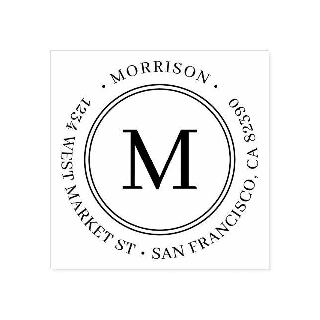 Elegant Round Monogram Family Namn Returadress Stämpel (Tryck)