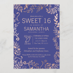 Elegant Roya Blue Ro Guld Blommigt Sweet 16 Inbjud Inbjudningar