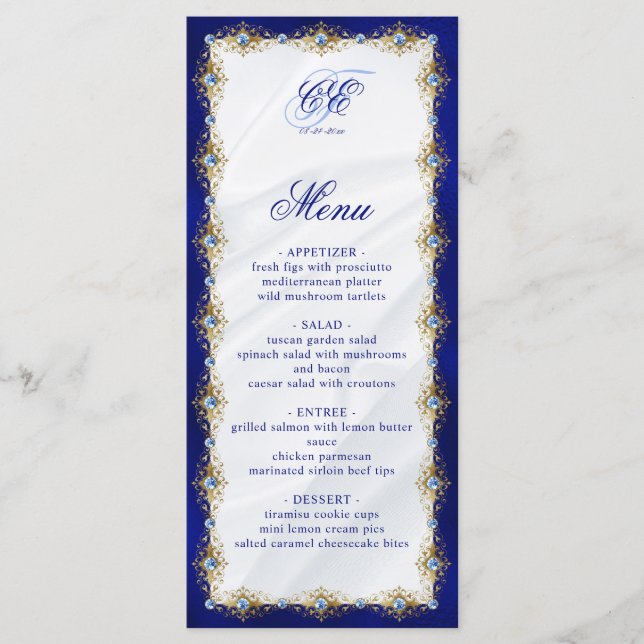 Elegant Royal Blå Blommig Monogram Bröllop Meny (Framsida)